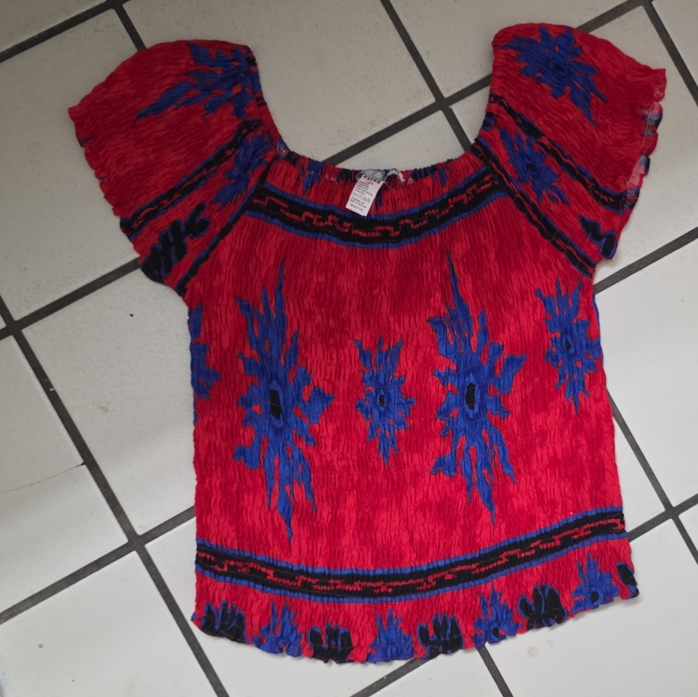 Red Short-Sleeve Smocked Blouse with Blue Embroidered Motif